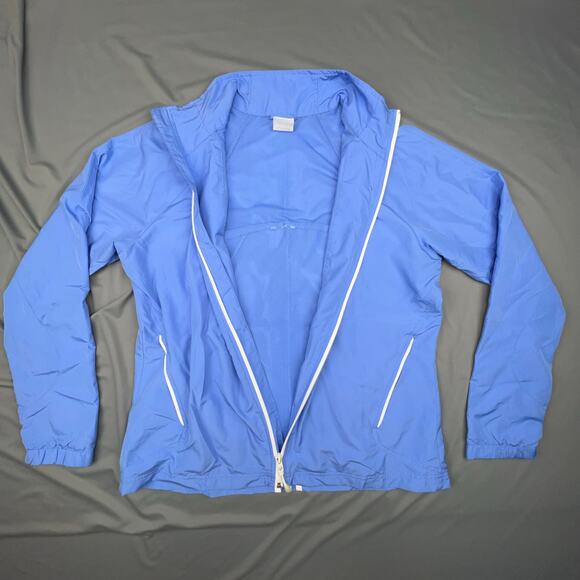 Adidas Women's Full Zip Running Jacket Large Blue Windbreaker 3 Stripes - Picture 3 of 7